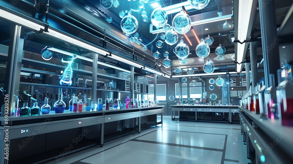 High tech chemistry lab, molecules changing colors during reactions ...