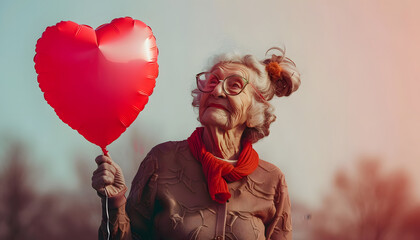 Poster - An elderly happy woman holding a heart shaped balloon. Valentine's Day love is in the air and life is beautiful