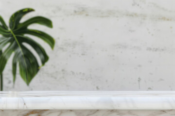 Aufkleber - Empty white marble shelf on blurred background with tropical monstera deliciosa plant, perfect for product display