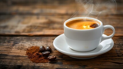 Poster - Steaming Espresso in Cozy Rustic Setting Morning Coffee Delight Concept