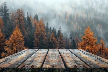 Poster - Empty wooden table with misty autumn forest backdrop, painted trees in orange, yellow, green. Fog adds mystery, ideal for product placement or creative projects