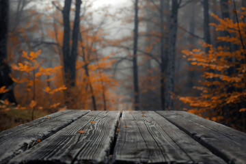 Poster - Empty wooden table in a peaceful autumn forest, with warm orange foliage and sunlight peeking through trees, adding charm to the natural setting. Perfect for cozy projects or product placement