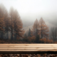 Poster - Empty wooden table top with blurred misty autumn forest background. Perfect for showcasing products or adding text with copy space