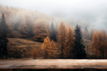 Poster - empty wooden table with misty autumnal forest landscape, perfect for product placement or designs