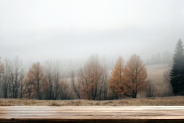 Poster - Empty wooden surface providing space for displaying products against a backdrop of a misty autumnal forest