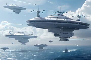 Wall Mural - Futuristic Spaceships Flying Over a Calm Ocean.