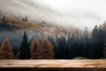 Poster - Empty wooden table with a blurry background of a misty forest in autumn, perfect for product placement