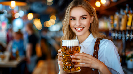 Wall Mural - Blonde waitress holding beer mugs in a lively pub during Oktoberfest, showcasing festive celebration and hospitality.