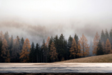 Poster - Empty rustic wooden tabletop provides with a blurred backdrop of a misty autumn forest