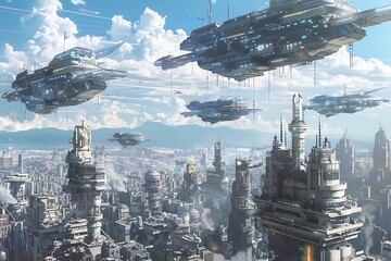 Wall Mural - Futuristic Cityscape with Flying Vehicles.