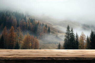 Poster - Empty wooden tabletop is set against a blurred backdrop of a misty forest landscape in autumn