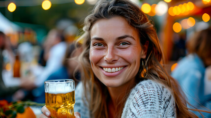 Happy smiling woman raising a beer mug at an outdoor Oktoberfest pub, enjoying the festive atmosphere and traditional Bavarian music.