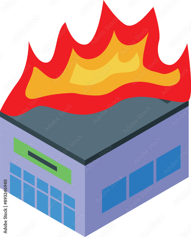 Isometric icon of a building on fire, representing industrial fire ...