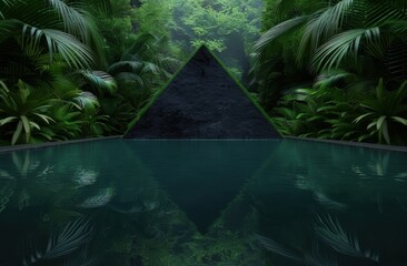 Poster - lush tropical jungle landscape with dark pyramid