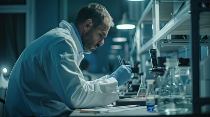 Poster - Medical Researcher: A doctor or scientist in a laboratory, wearing a lab coat and examining samples or using advanced scientific equipment. Minimalist stock photo