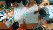 © Summit Art Creations - Group of business people writing and making mind map to brainstorming marketing idea at meeting. Top aerial view of investors sharing plan or strategy by using sticky notes. Top view. Convocation.