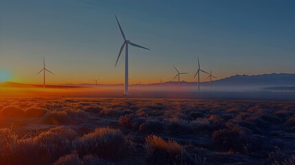 Wall Mural - Scenic Industrial Wind Farm with Spinning Turbines at Sunset or Sunrise