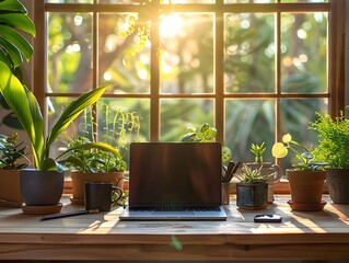 Poster - remote work setup with laptop and cozy desk in natural home office environment