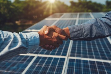 Executive business people making handshake after meeting with electrical engineer technician solar panels. Clean and green alternative energy concept