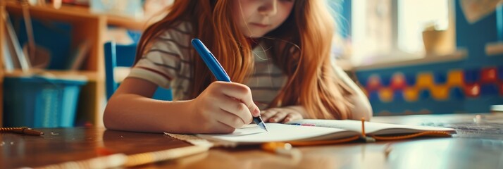 Poster - In a bright classroom, a focused child with red hair is diligently writing in a notebook, perfect for academic activities, encouraging educational advancement and fostering cognitive development