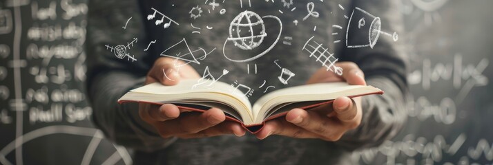 Poster - A pair of hands holding a book adorned with scientific icons set against a chalkboard background, representing themes of education, learning, teaching, knowledge, and academic study