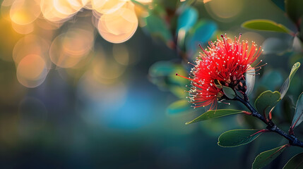 Wall Mural - red pohutukawa flower against blurred background in new zealand