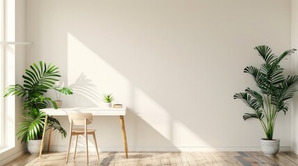 Wall Mural - Office near blank wall. Home workspace. Study desk. Blank area. Indoor plants.