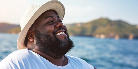 Poster - A positive and handsome overweight man, wearing a hat, enjoying leisure time in the seaside with a cheerful smile.