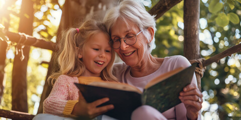 Wall Mural - Grandmother and granddaughter enjoying reading together outdoors, sharing smiles and bonding over a book.