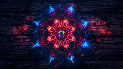 Sticker - Glowing neon mandala on the wood. Vibrant background, magic design element