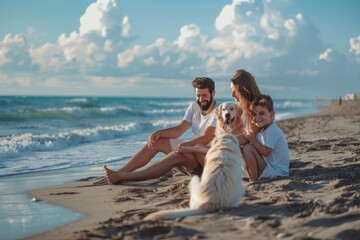 Wall Mural - Happy family sits by the beach of sea with the dog. 