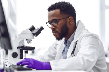 Poster - male scientist using a microscope and keyboard in a lab