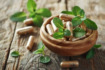 Herbal medicine in capsules from herb leaf on wooden table, Healthy eating with natural product for good living. Healthy concept. 