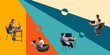 © Lustre Art Group  - Contemporary art collage. People working on laptops in diverse settings against vibrant background with geometric shapes. Concept of business, human resources, co-working, freelance. Ad