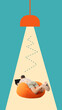 © Lustre Art Group  - Contemporary art collage. Person lying on orange bean bag, working on laptop under spotlight, creating focused creative atmosphere. Concept of business, human resources, co-working, freelance. Ad