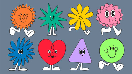 Poster - Retro line cartoon funny comic characters abstract stickers with smiling character and mascots icons set. shapes comic characters crayon drawing style Vector illustration, logo design graphic