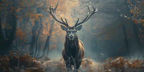 Canvas Print - Majestic Stag Standing Tall in Misty Woodland Landscape