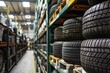 © Straxer - New tire is placed on the tire storage rack on warehouse, Car tires.
