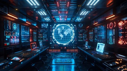 Sticker - Futuristic Holographic Control Room with Interactive Displays and Cyber Background Concept