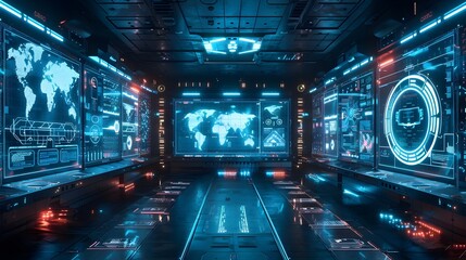 Poster - Holographic Control Room with Futuristic Interactive Displays and Cyber Background Concept