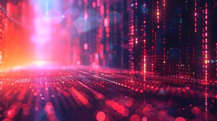 Poster - vibrant cyber landscape with floating digital elements and glistening lights