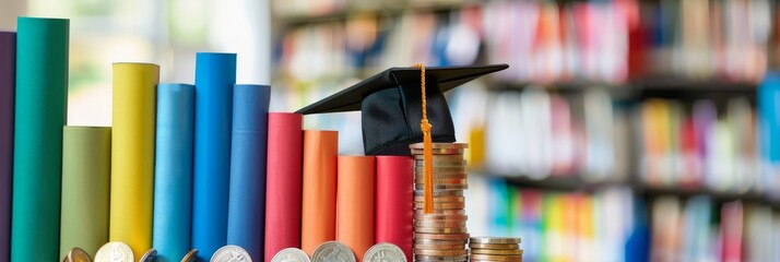 Poster - The representation of education in a library with books, cap, and coins signifies academic success, learning, and the value of knowledge in the pursuit of educational accomplishments