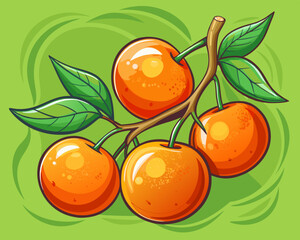 illustration Vector of fresh oranges on a branch with leaves, green isolated background, hand drawn vegetabes and fruit cartoon