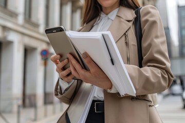 Wall Mural - Professional, work, business concept. Person holding mobile phone, laptop, documents. Girl, lady boss 