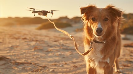 Wall Mural - drone walking a dog on a leash