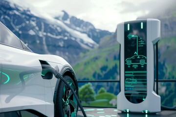 Wall Mural - Driving an electric car through beautiful mountain landscapes not only highlights the stunning nature but also signifies a transition to cleaner energy sources against a picturesque backdrop