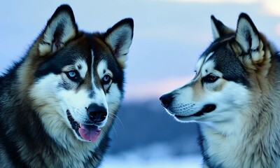 Poster - Close up view of two husky dogs. 4K video.