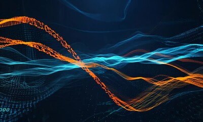 Poster - Big Data concept. abstract dark blue orange fast moving binary computer data. High speed motion, artificial intelligence. hyper-realistic 4K video.