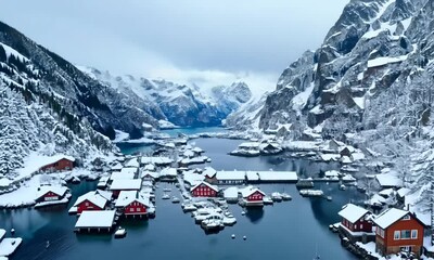 Poster - Aerial view of Lofoten Islands beautiful landscape during winte. hyper-realistic 4K video.