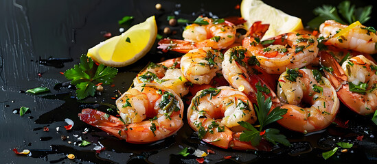 Wall Mural - Sauteed shrimps and prawns seasoned with garlic, herbs, and lemon, displayed on a black background with copy space image.